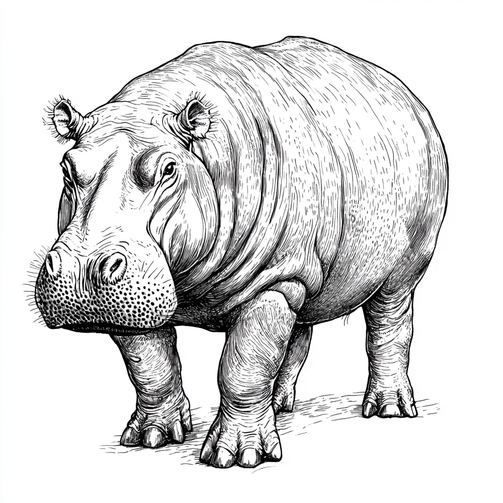 Here's a description of the image:

The illustration is a detailed, black and white pen-and-ink drawing of a hippopotamus.  Rendered in a realistic style, the hippo is depicted from a slightly low angle, emphasizing its massive size and sturdy legs.  The artist has meticulously captured the texture of the hippo's skin, showing wrinkles and folds, and even individual hairs around its snout.  The creature's gaze is directed slightly forward, conveying a sense of calm strength. The background is simply white, focusing all attention on the hippo itself. The overall style is reminiscent of classic wildlife illustrations.