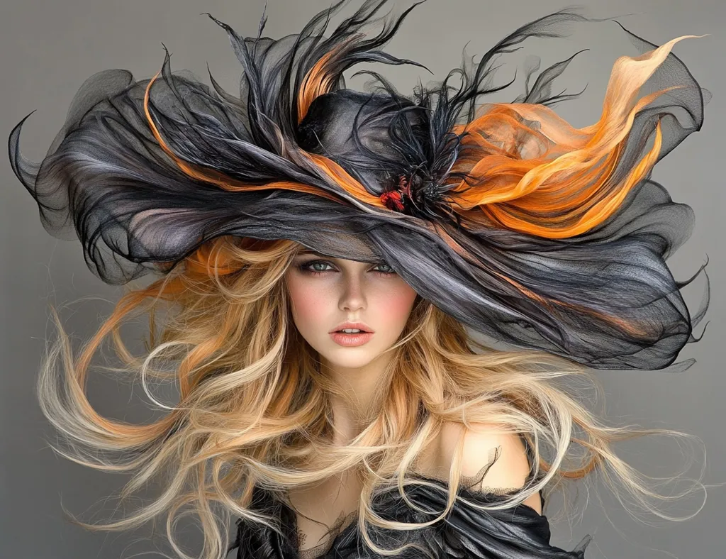 Here's a description of the image:

A young woman with long, flowing blonde and light orange hair is the focal point of the image.  She's wearing a dramatic, wide-brimmed hat. The hat is predominantly black and grey sheer fabric, with vibrant orange accents that mimic the highlights in her hair. The hat's design is whimsical and almost ethereal, with the fabric appearing to flow and swirl around her head like windblown strands. Her makeup is subtly applied, enhancing her natural features. The overall aesthetic is one of fantasy and high fashion, with a focus on the flowing texture of both the hat and the hair. The background is a simple, neutral grey, ensuring all attention is on the model and her extravagant headwear.