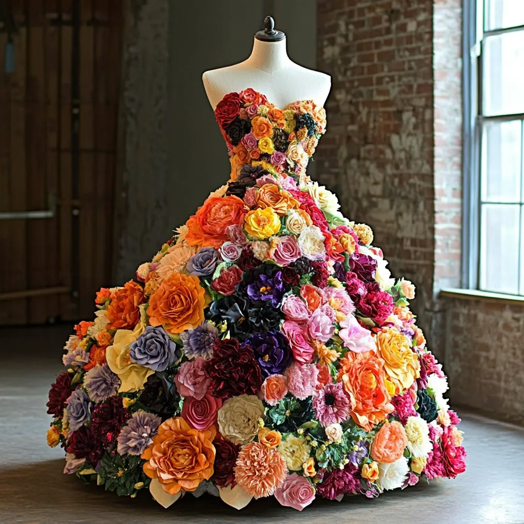 A stunning strapless gown, crafted entirely of vibrant, multicolored flowers, sits on a mannequin in a rustic, industrial-chic setting.  The bodice and full skirt are densely packed with a breathtaking array of roses, peonies, carnations, and other blooms in shades of orange, pink, purple, red, and yellow.  The dress is displayed against a backdrop of exposed brick and a large window, creating a dramatic contrast between the delicate flowers and the rugged architecture. The overall effect is one of exquisite artistry and captivating beauty.