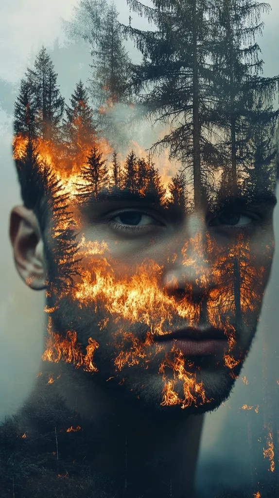 Here's a description of the image:

The image is a surreal double exposure photograph of a man's face superimposed over a wildfire in a forest.  The flames and smoke of the burning trees appear to engulf the man's features, creating a striking visual metaphor. His expression is serious, almost somber. The contrast between the man's calm face and the raging fire is powerful, suggesting a connection between human emotion and the destructive forces of nature, or perhaps inner turmoil. The overall tone is dark, moody, and thought-provoking.