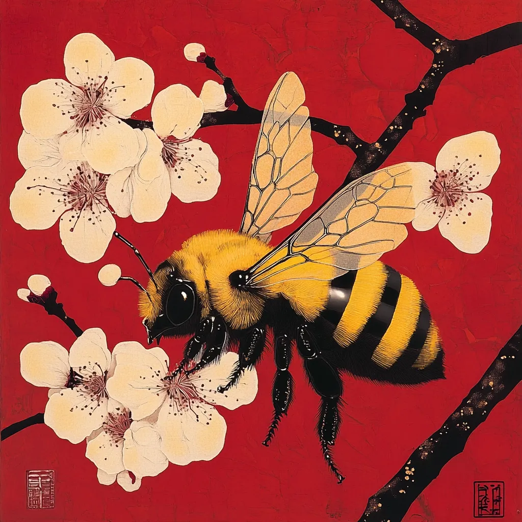 A vibrant artwork depicts a large bumblebee, rendered with meticulous detail, poised on delicate, creamy-white blossoms against a bold crimson backdrop.  The bee's fuzzy body and intricate wing veins are sharply contrasted by the stark red background. The blossoms, suggestive of plum or cherry, are intricately detailed, adding to the image's overall sense of artistic refinement and beauty.  The style is reminiscent of Asian-inspired art.