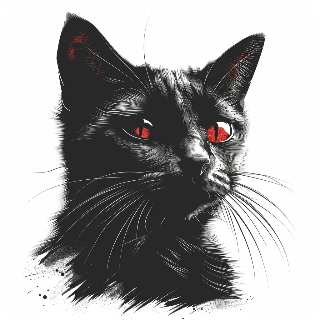 The illustration depicts a black cat with striking red eyes.  Rendered in a high-contrast style, the cat's fur is meticulously detailed, showing individual hairs. The background is stark white, making the black cat and its glowing eyes stand out.  The overall style blends realism with a hint of darkness, perhaps suggesting a mystical or slightly menacing quality. Ink splatters at the bottom add to the artistic effect.