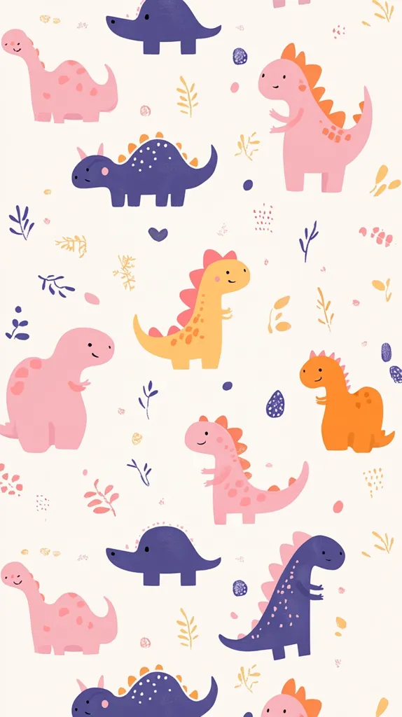 The image is a whimsical pattern featuring various colorful cartoon dinosaurs on a white background.  Dinosaurs are depicted in pink, purple, orange, and yellow, in various poses and sizes.  Small, stylized plants and scattered dots create a playful, childlike aesthetic.  The overall style is cute and would be suitable for children's products or decoration.