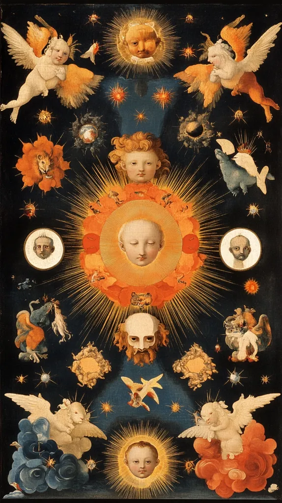 This painting is a vibrant, complex depiction of celestial imagery.  A central, radiant sun-like figure dominates, surrounded by smaller, similarly illuminated faces, cherubic figures with wings, and fantastical creatures.  The background is a dark, star-studded expanse, with swirling clouds and various celestial bodies.  The overall style is richly detailed and symbolic, suggestive of an allegorical or religious theme, possibly related to the cosmos or divine creation. The warm orange and gold hues contrast with the cool blues and blacks, creating a visually striking effect.