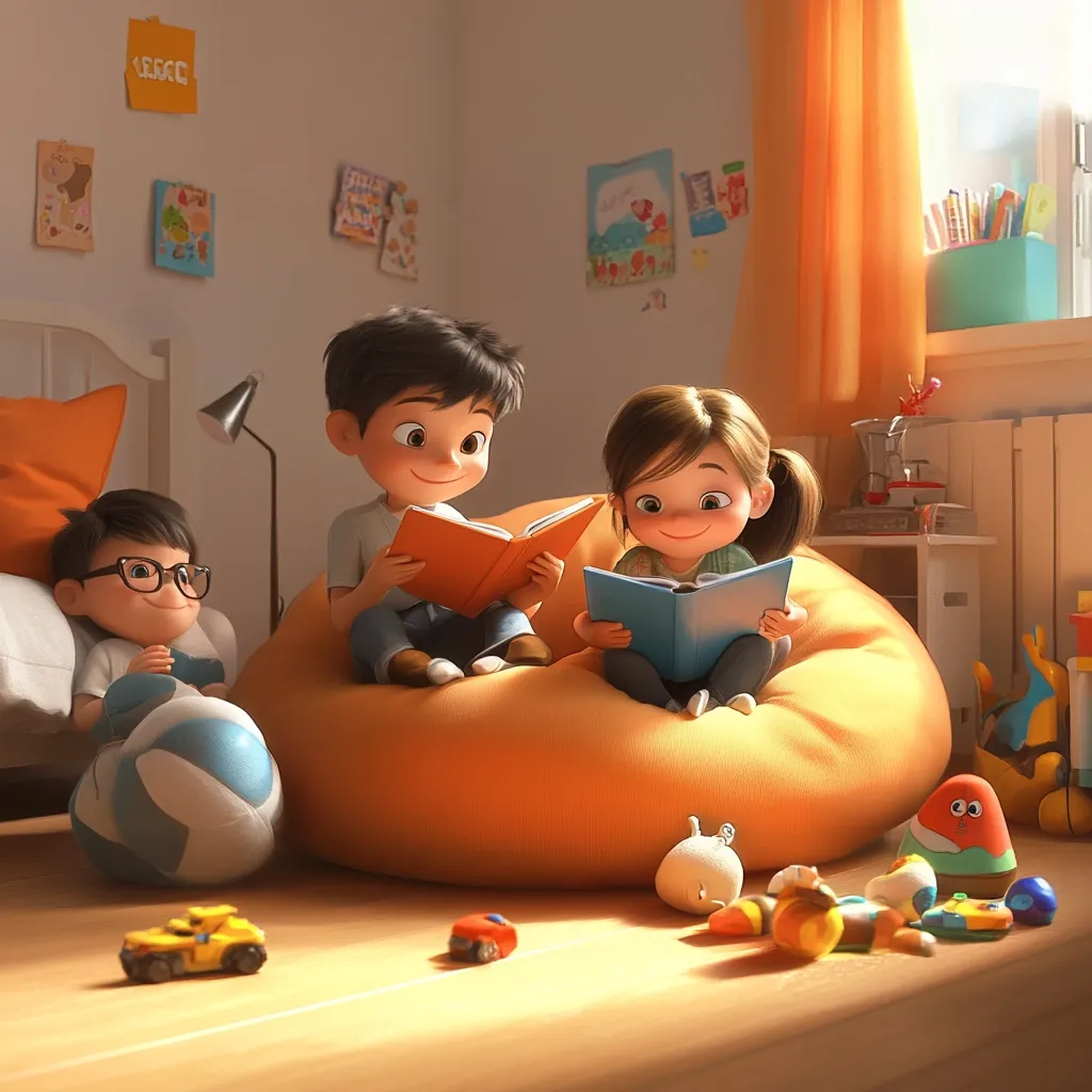 Three adorable, cartoonish children are engrossed in reading books while comfortably nestled in a large, orange beanbag chair.  A boy sits on the left, seemingly observing, while a boy and a girl in the center share books. Toys are scattered on the floor nearby, adding to the playful atmosphere of the brightly lit, child's bedroom.  The scene is warm and inviting, emphasizing the joy of reading and companionship.