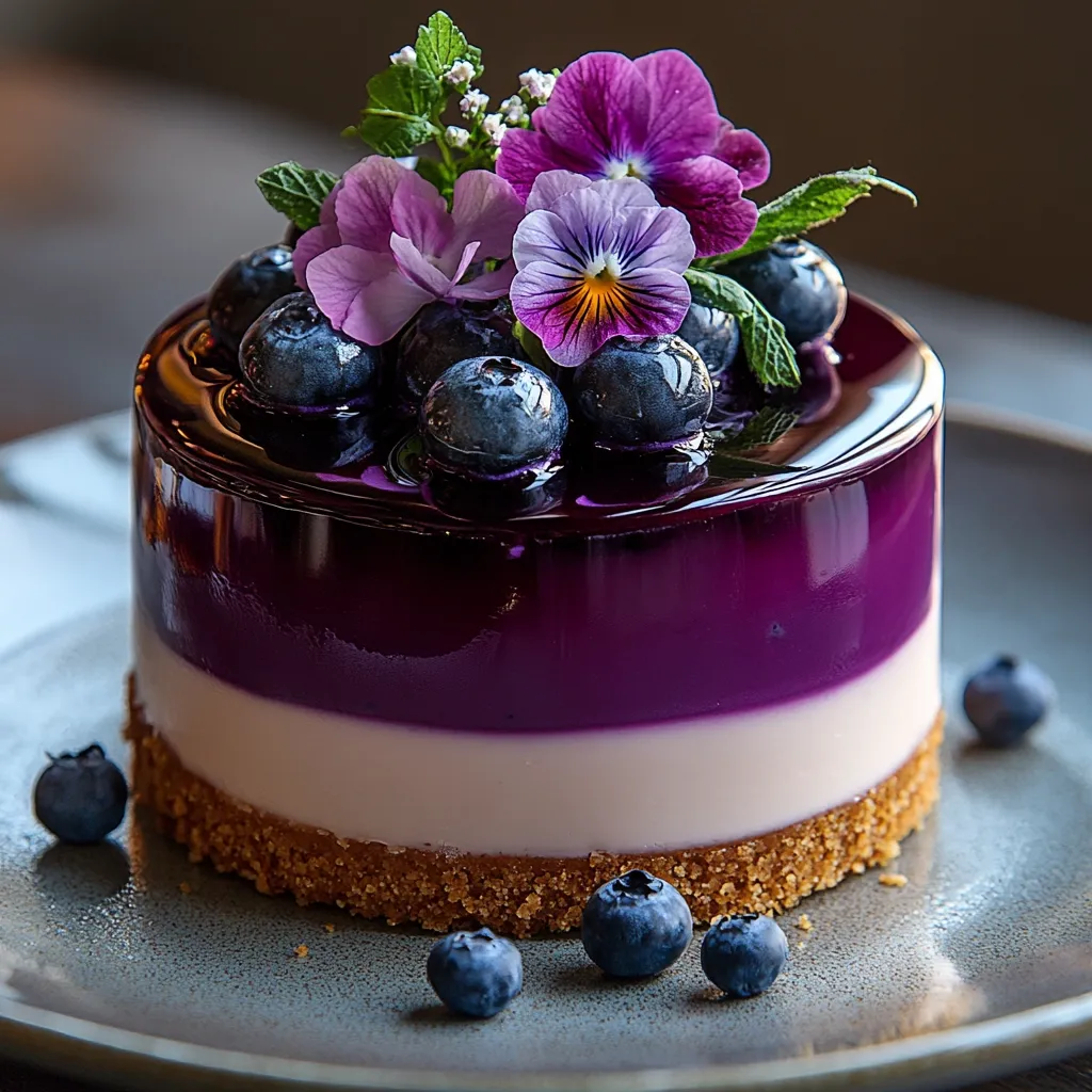 A delectable mini cheesecake is showcased, adorned with fresh blueberries and vibrant purple pansies.  A glossy, deep purple blueberry topping covers a creamy white layer atop a crunchy crust.  The cake sits elegantly on a slate-gray plate, surrounded by additional blueberries, creating a visually stunning and appetizing dessert.  The soft lighting enhances the rich colors and textures.
