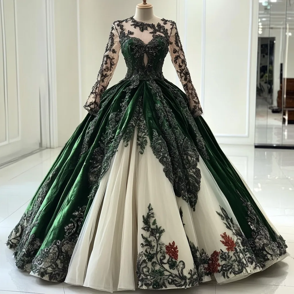 Here is a description of the image:

A stunning emerald green and ivory ballgown commands attention.  The long-sleeved gown features a fitted bodice of sheer fabric adorned with dark embellishments, accentuating a sweetheart neckline. The skirt is a dramatic two-toned design, combining rich green velvet with a flowing ivory tulle underskirt.  Intricate dark embroidery and embellishments cascade down the skirt, adding texture and depth. The overall effect is one of regal elegance and sophisticated glamour. The dress is displayed on a mannequin in a bright, minimalist setting.