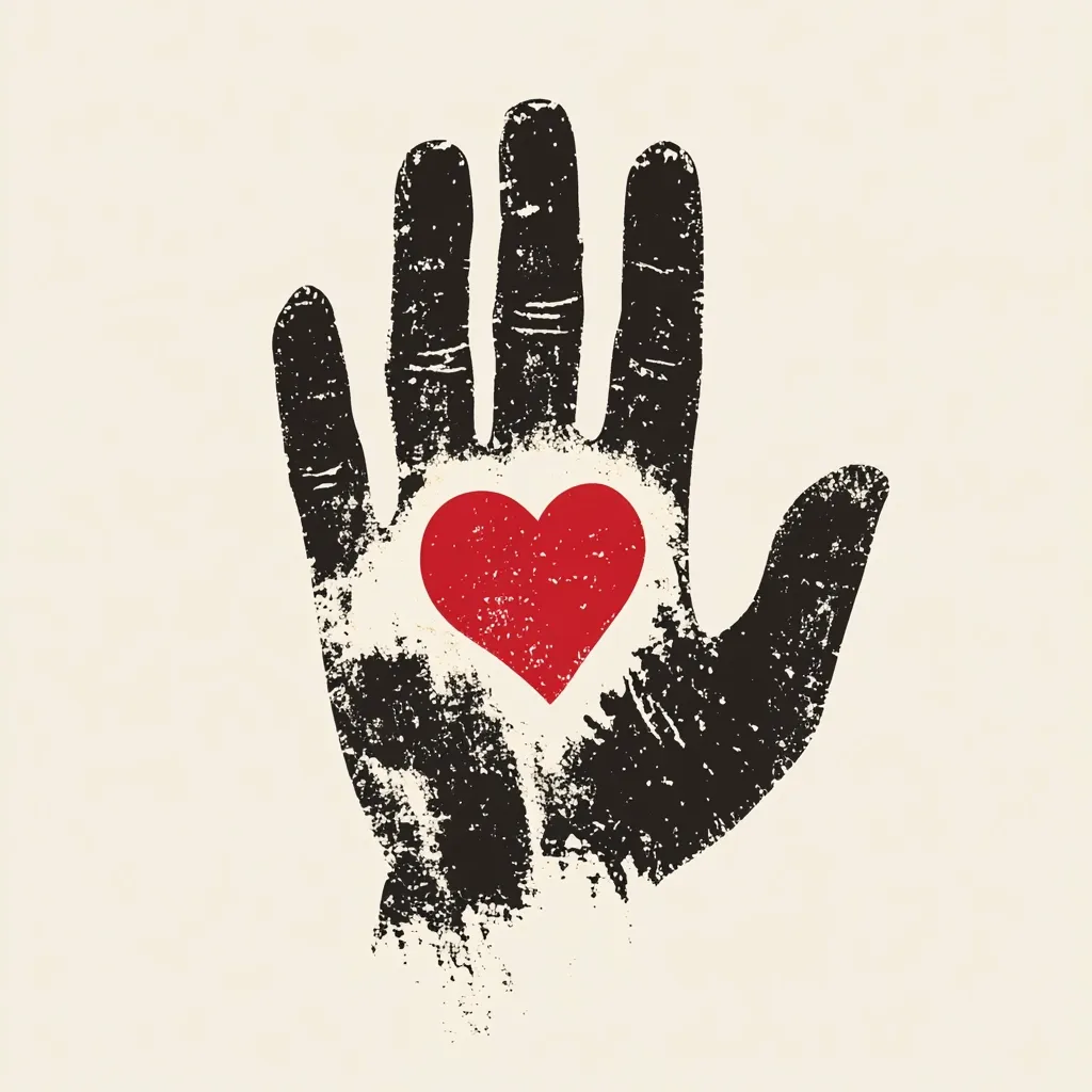 Here's a description of the image:

The image is a stylized graphic design featuring a large, black handprint with a textured, distressed look.  A red heart is prominently displayed in the center of the palm. The hand is open, palm facing forward, suggesting an offering or act of giving. The background is a muted off-white or beige, providing a neutral backdrop that accentuates the stark contrast of the black handprint and red heart. The overall style is minimalist and symbolic, conveying a message of love, compassion, or charity.