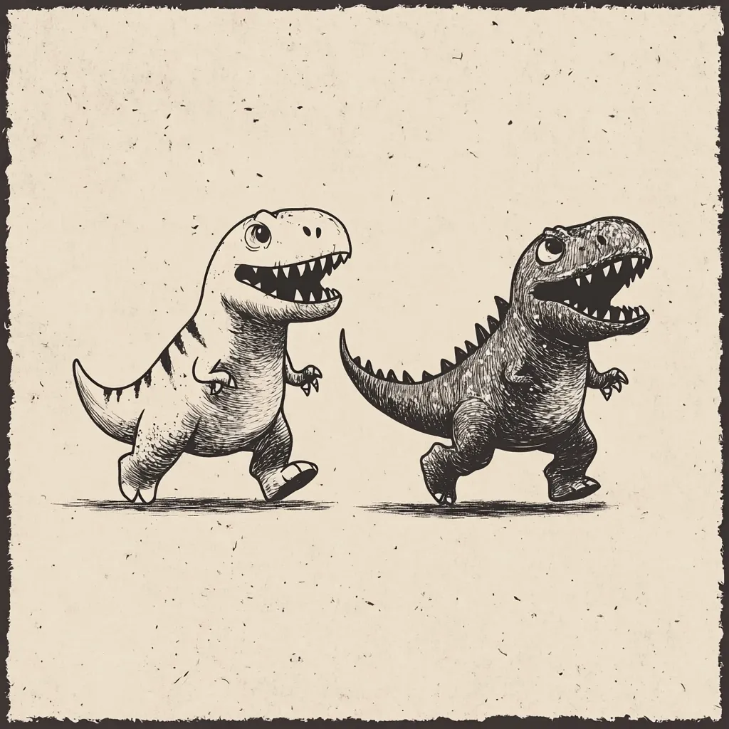 Here's a description of the image:

The image features a whimsical illustration of two cartoon dinosaurs, rendered in a black and white sketch style against a beige, textured background.  One dinosaur is lighter in shading, the other darker. Both are depicted walking, with their mouths open in a friendly expression. The style suggests a vintage or antique print, adding to its charm.  The overall aesthetic is playful and slightly humorous.