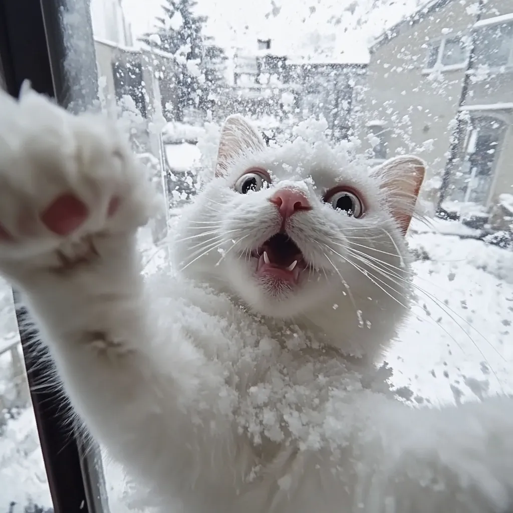 A white cat, covered in snow, playfully presses its paw against a window during a snowfall.  Its mouth is open in a surprised or playful expression, and its large eyes are wide.  The background shows a blurry snowy landscape with houses. The cat appears to be enjoying the winter weather, creating a charming and whimsical scene.