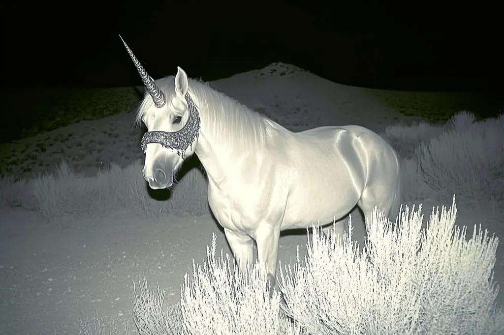 Here is a description of the image:

The image shows a white horse, seemingly a unicorn due to a long, pointed horn affixed to its forehead, standing in a snowy, nighttime landscape. The horse is adorned with an ornate, dark bridle. The background is dark, with sparse, snow-covered shrubs visible in the foreground and mid-ground. The overall effect is a surreal and slightly eerie scene, enhanced by the monochromatic, possibly infrared, color palette which inverts the typical light and dark tones. The horse stands calmly, its body mostly visible, partially obscured by the low-lying vegetation.