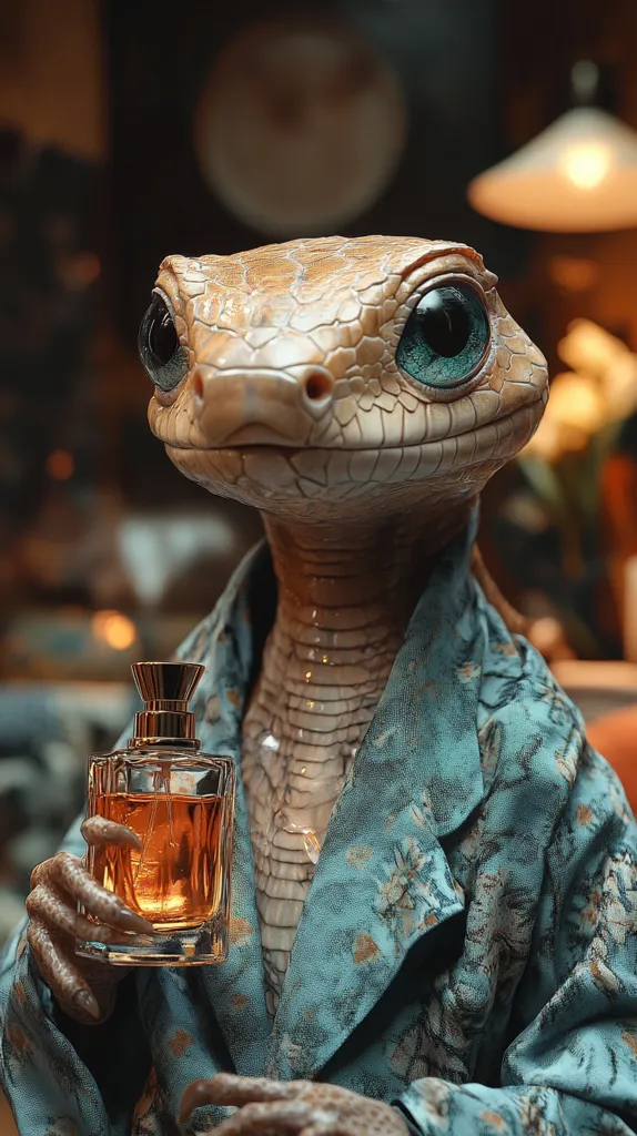 Here's a description of the image:

Close-up view of an anthropomorphic reptile, possibly a lizard or gecko, with remarkably human-like features.  It has large, expressive teal eyes and scaly skin.  The creature is dressed in a teal patterned robe and is delicately holding a bottle of amber-colored perfume. The background is blurred, suggesting a dimly lit, sophisticated interior setting. The overall tone is surreal and artistic, perhaps from a fantasy or science fiction context. The image's style suggests digital art or CGI.