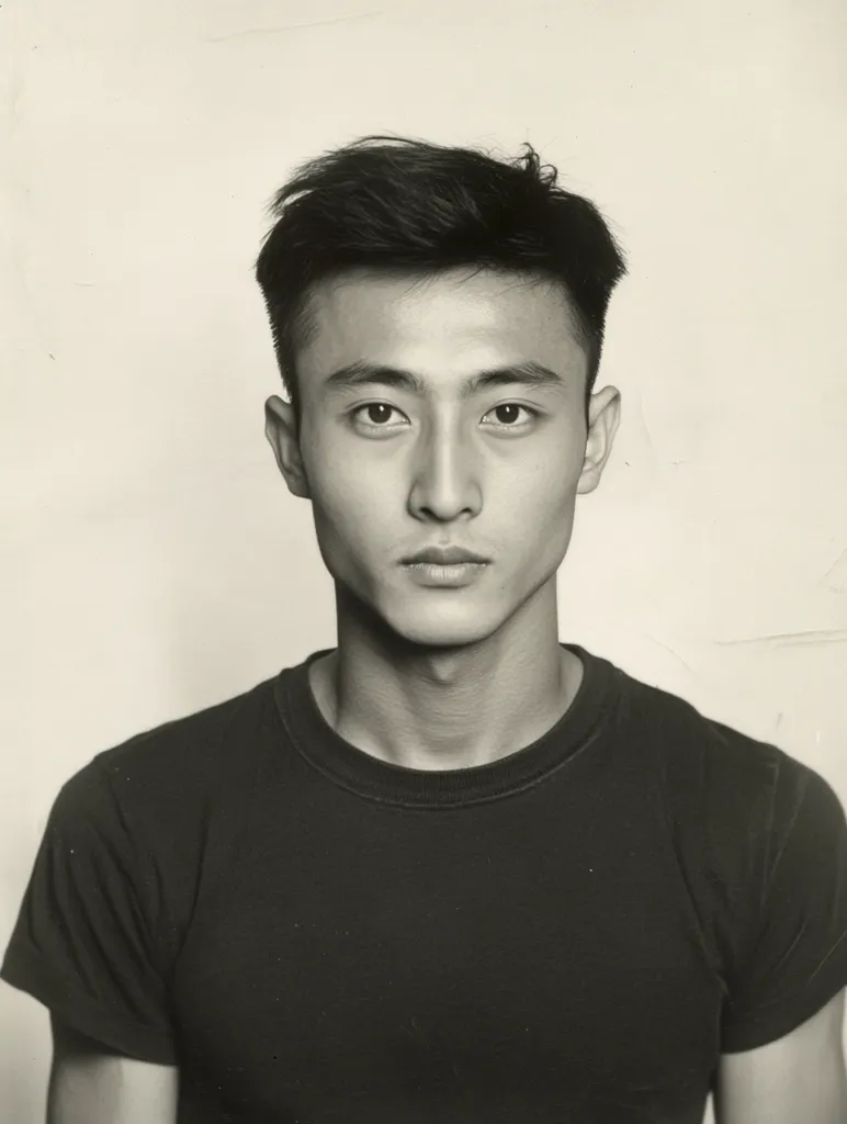 Here's a description of the image:

The black and white photograph shows a young man with dark hair styled in a short, slightly textured cut.  His expression is serious and neutral, his gaze directly at the camera. He has a strong jawline and dark eyes.  He is wearing a simple, dark crew-neck t-shirt. The background is a plain, light-colored wall, providing a stark contrast to the subject. The overall tone is somber and somewhat formal, resembling a portrait or mugshot style.