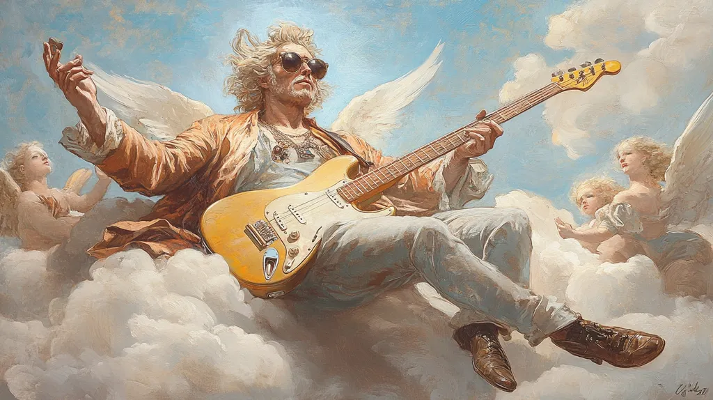Here's a description of the image:

The painting depicts a rock and roll musician, angelically winged, seated amidst clouds. He's playing a yellow electric guitar, sunglasses perched on his nose, and long blond hair flowing.  He appears to be a middle-aged man, casually dressed in light-colored pants and a loose orange jacket.  Surrounding him are cherubic figures, possibly angels, who gaze up at him with expressions of awe. The style blends classical Renaissance painting techniques with a modern subject, creating a surreal and evocative image. The sky is a bright, clear blue. The overall mood is joyful and otherworldly.