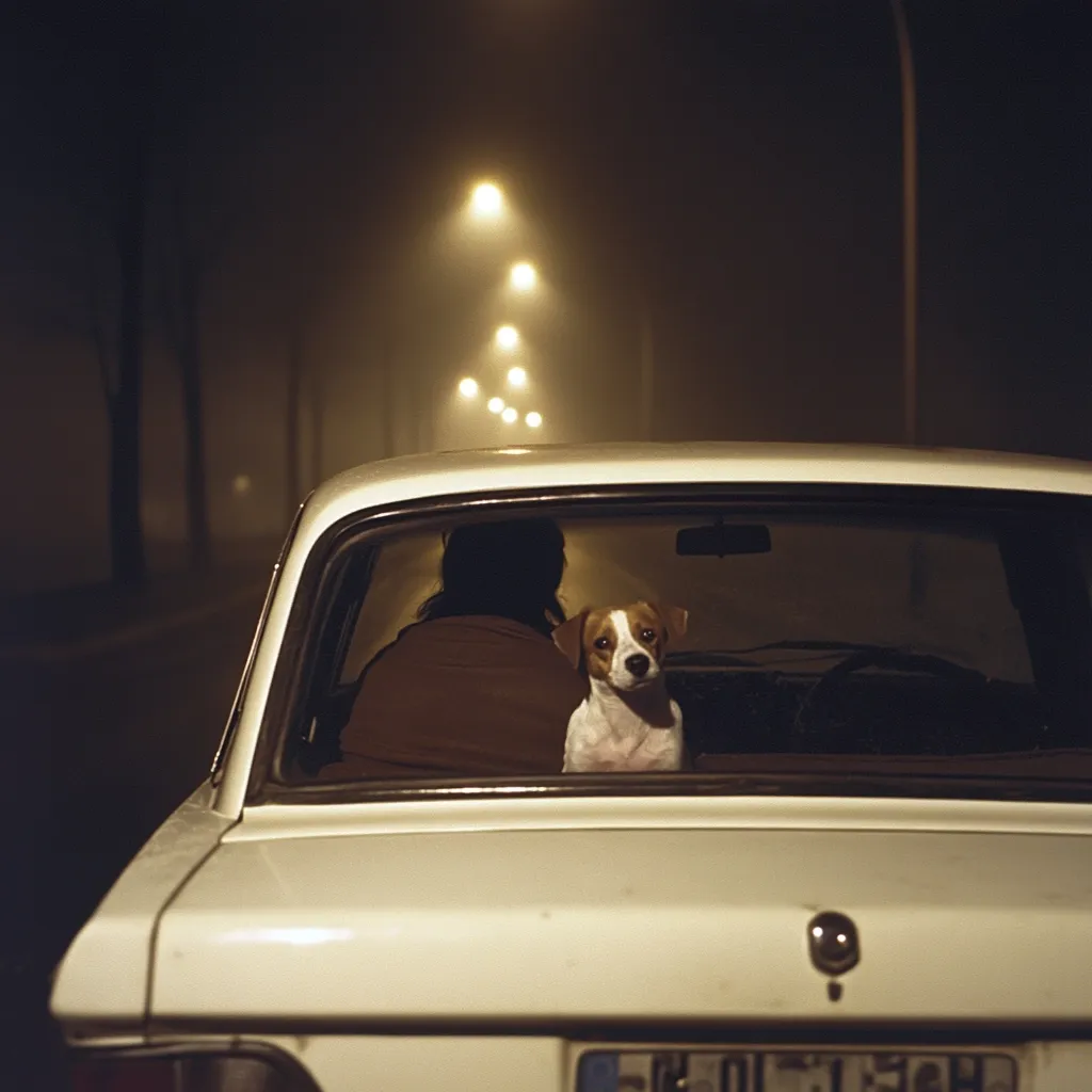 Here's a description of the image:

A nighttime, slightly foggy scene shows the back of a white car driving down a road lined with streetlights.  Inside, a person sits in the driver's seat, partially obscured by shadow, with a small, white and brown dog sitting beside them, looking directly at the camera. The car's rear window is down slightly. The overall mood is serene and slightly melancholic, enhanced by the dimly lit setting and the dog's contemplative expression. The focus is on the occupants of the vehicle and their journey along the quiet road.