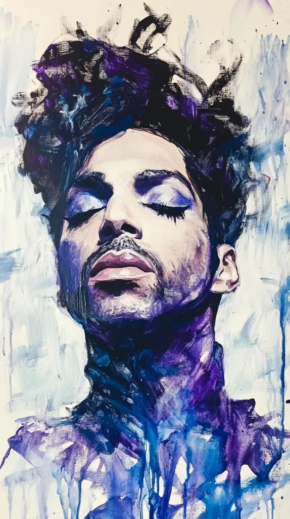 This expressive portrait is a vibrant interpretation of Prince.  Rendered in a loose, impasto style, the painting uses a predominantly purple and blue palette, reflecting his iconic image.  The artist captures Prince’s ethereal essence through his closed eyes and softly painted features.  The background’s abstract brushstrokes create a sense of movement and energy, contrasting with the serene expression on Prince’s face.  The overall effect is both powerful and melancholic, a fitting tribute to the artist’s unique style.