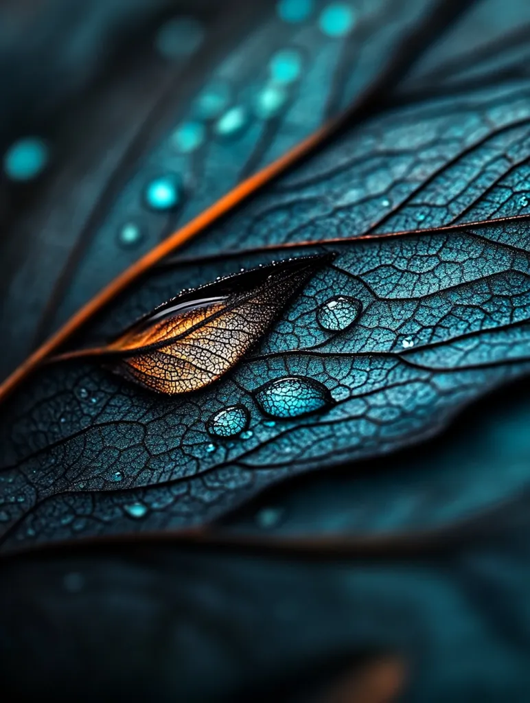 Here's a description of the image:

The close-up image showcases a leaf's intricate venation, highlighted by water droplets clinging to its surface. The leaf's deep teal color contrasts beautifully with the amber hues visible through its translucent sections.  The veins create a delicate, almost skeletal network across the leaf's surface. The water droplets, mirroring the leaf's color, add depth and texture, accentuating the leaf's delicate beauty.  The overall effect is one of striking detail and natural artistry.