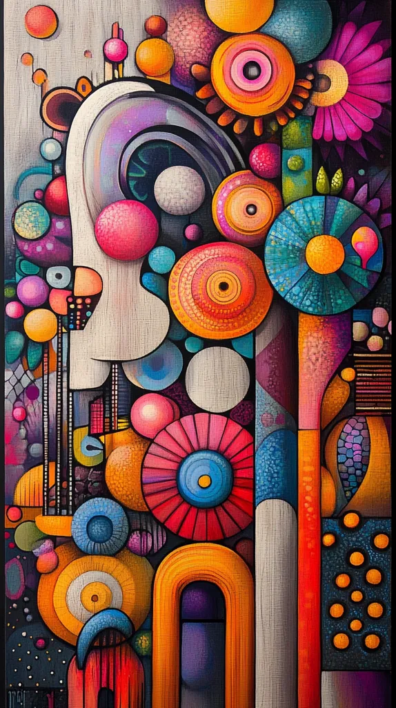 This vibrant abstract painting is a dense composition of colorful circles, flowers, and geometric shapes.  The artwork features a central, off-white form resembling a stylized face or figure, surrounded by concentric circles in varying shades of orange, pink, blue, and purple.  Smaller circles and dots scatter throughout the piece, creating a sense of depth and energy. The overall style is playful and optimistic, with a strong emphasis on texture and pattern. The use of bold colors and contrasting shapes makes it a visually stimulating work of art.