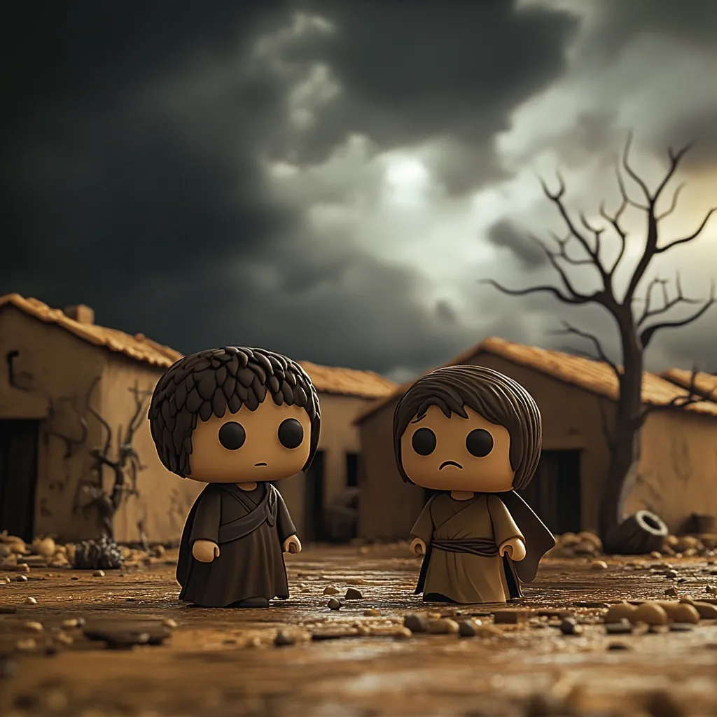 Two forlorn Funko Pop!-style figures, dressed in simple robes, stand in a desolate, sun-drenched landscape.  Behind them are crumbling, earth-toned buildings and a barren tree under a brooding, stormy sky. The scene evokes a sense of hardship and isolation, perhaps suggesting a post-apocalyptic or biblical setting. The figures' downturned faces enhance the somber mood.  The overall tone is melancholic and evocative.