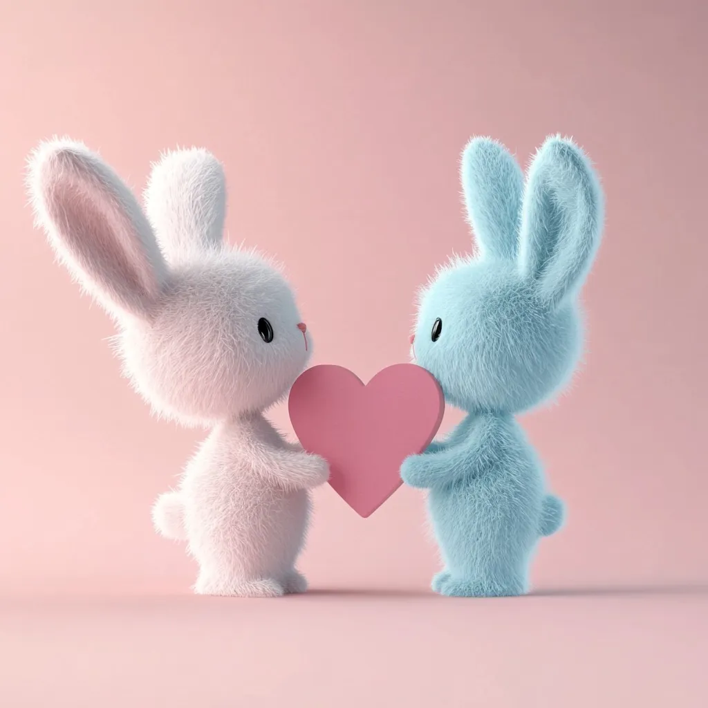 Here's a description of the image:

Against a soft pink background, two fluffy cartoon bunnies share a pink heart.  One bunny is white, the other light blue.  Both are rendered in a cute, almost plush style with large eyes and ears. They stand facing each other, gently holding the heart between them, creating a sweet and romantic Valentine's Day-themed image.  The overall aesthetic is whimsical and charming.