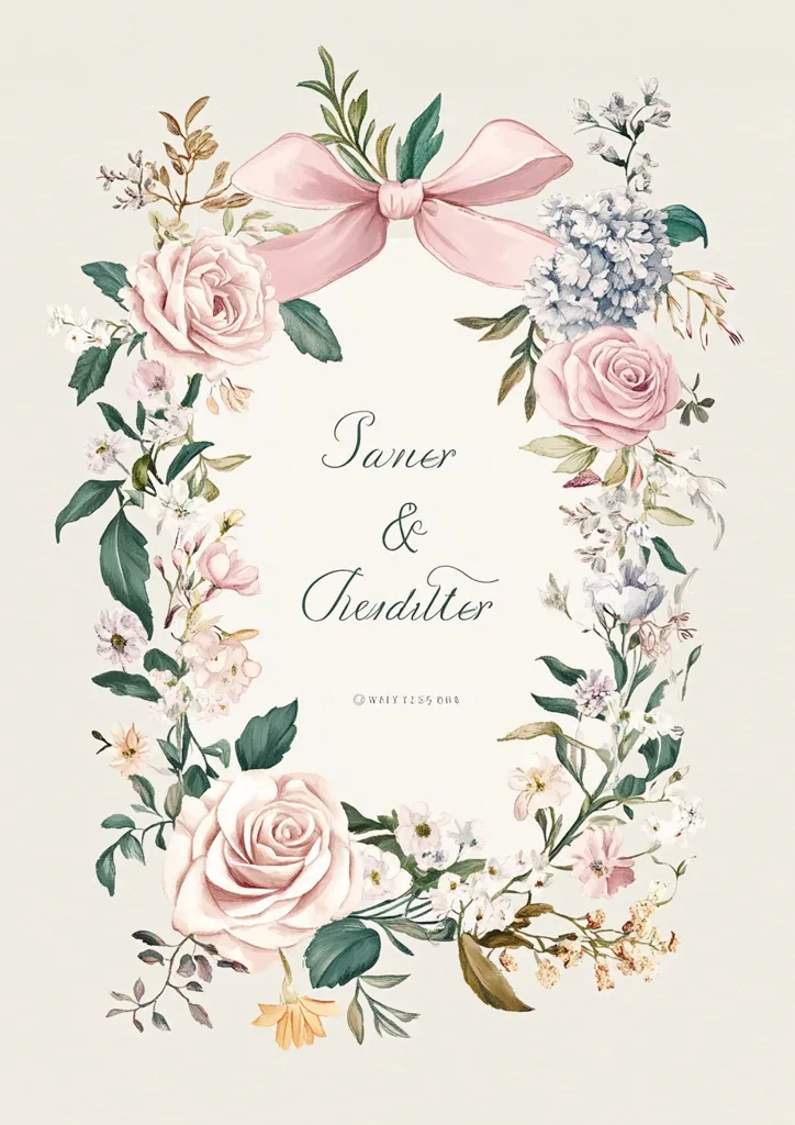 This watercolor artwork depicts a floral arrangement in the shape of a wreath.  Pale pink and blush roses are the focal points, surrounded by smaller blossoms in varying shades of pink, white, and lavender.  Delicate greenery and a large, pale pink bow add to the romantic aesthetic. The names "Saner & Hendulter" are elegantly scripted in the center, suggesting a wedding invitation or announcement.  The overall style is soft, romantic, and vintage-inspired.