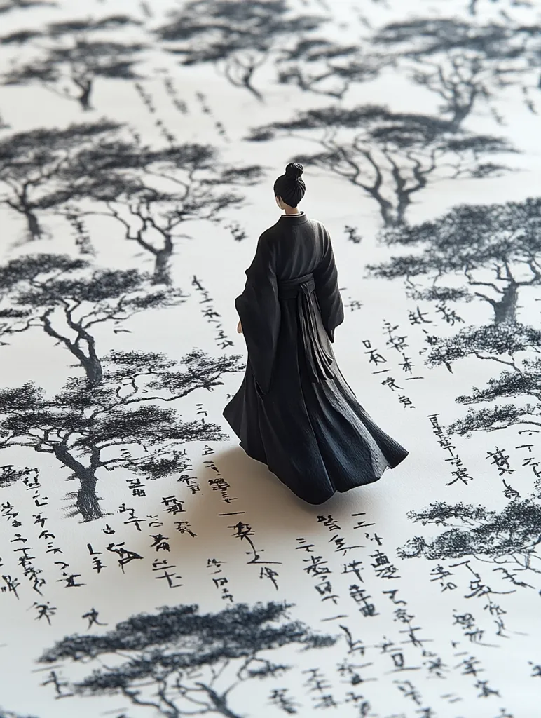 Here's a description of the image:

The image shows a miniature figure, seemingly dressed in traditional East Asian attire, walking away from the viewer. The figure is black, with long flowing robes.  They are positioned on a surface covered in a pattern of hand-drawn ink illustrations of trees and flowing brushstrokes of what appears to be East Asian calligraphy. The monochrome color palette, with varying shades of gray and black, creates a serene and contemplative atmosphere. The overall composition suggests a journey or a reflection on history and nature.