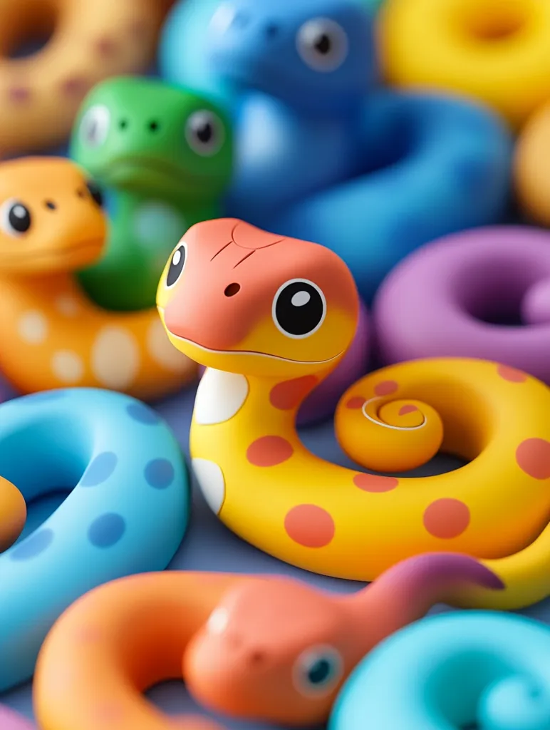 A close-up shot showcases a collection of colorful, cartoonish snake bath toys.  The central figure is a yellow snake with orange spots, its head a vibrant orange.  Surrounding it are similarly styled snakes in various hues—blue, green, orange, and purple—some formed into ring shapes.  The toys have large, expressive eyes and a smooth, rounded texture, suggesting a soft, child-friendly material. The overall impression is one of playful vibrancy and cheerful design.