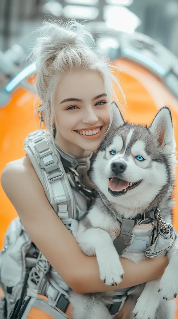 A young woman with blonde hair styled in a bun smiles broadly while holding a Siberian Husky puppy.  The woman wears a grey vest-like harness, possibly part of a futuristic or utilitarian outfit. The puppy, with striking blue eyes, is nestled in her arms, also wearing a small harness. The background is blurred but shows an orange structure, suggesting an outdoor setting. The overall image is bright and conveys a feeling of warmth and companionship.