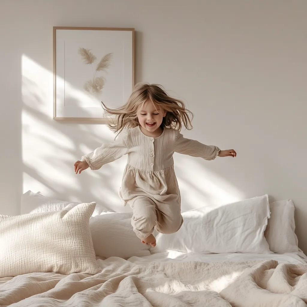 A joyful little girl, wearing a light beige long-sleeved dress, leaps onto a bed.  The bed is made with cream-colored linens and pillows, creating a calm and minimalist atmosphere.  Sunlight streams through a window, casting shadows on the walls. A framed botanical print hangs on the wall behind the bed. The overall scene is serene and captures a moment of childlike glee.