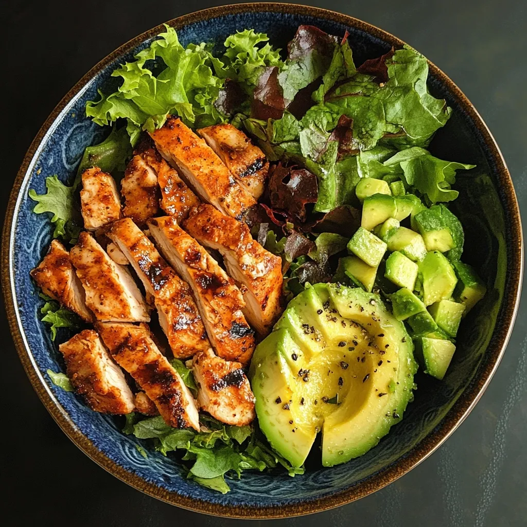Here's a description of the image:

A vibrant overhead shot captures a hearty salad nestled in a dark blue bowl. The salad features grilled chicken breast, sliced and arranged attractively, alongside a generous portion of diced avocado and a half avocado seasoned with black pepper.  Mixed greens, including red and green leaf lettuce, form a bed for the ingredients. The dark background contrasts beautifully with the bright colors of the food. The overall presentation suggests a healthy and delicious meal.