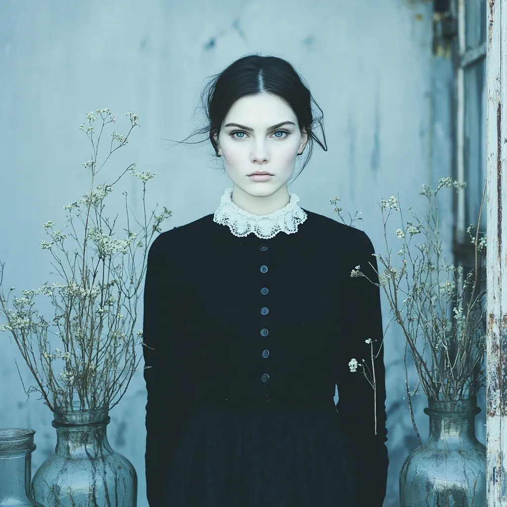 A young woman with dark hair pulled back stands against a faded blue background, her gaze directed straight ahead.  She wears a dark, long-sleeved dress with a white lace collar, giving a somewhat Victorian air.  Two glass vases filled with dried, delicate white flowers flank her, mirroring the muted, melancholic tone of the image.  The overall aesthetic is reminiscent of a vintage photograph or painting, evoking a sense of quiet mystery and perhaps a touch of sadness.