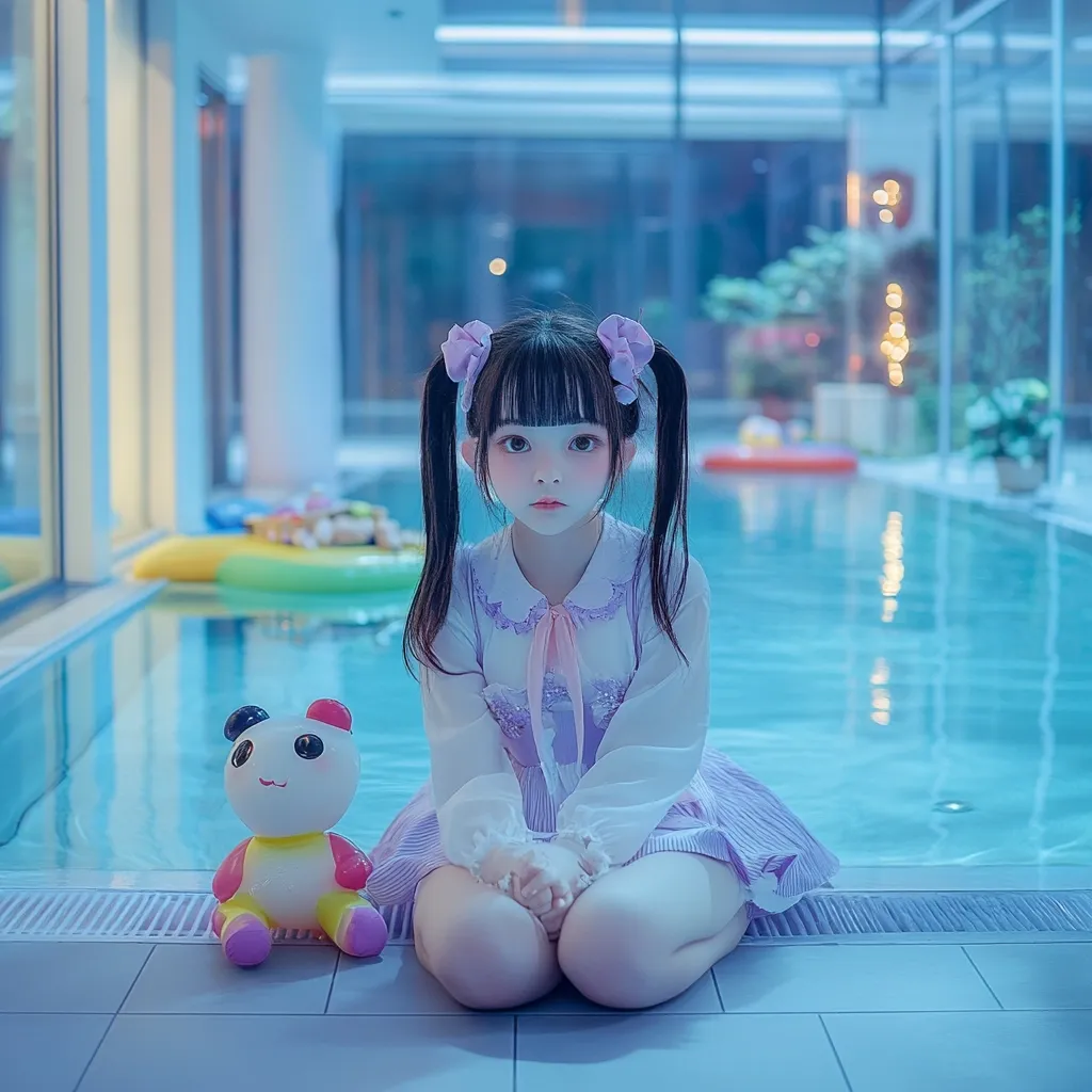 A young girl with long black pigtails tied with bows sits by an indoor swimming pool.  She wears a pale purple dress with lace detailing and her expression is serious. A small inflatable panda toy sits beside her. The setting is dimly lit, creating a cool, ethereal atmosphere. The overall image evokes a dreamy, slightly melancholic mood.