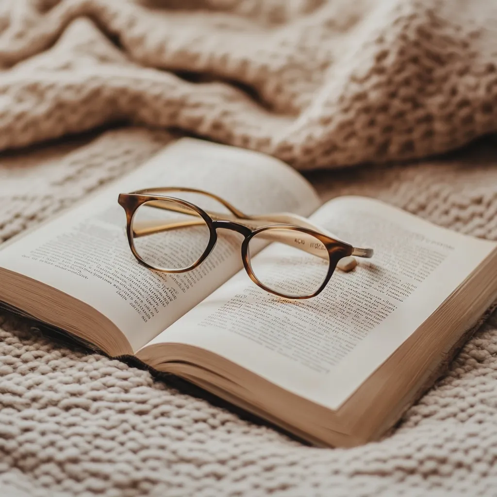 Here's a description of the image:

A pair of tortoiseshell-framed eyeglasses rests on an open book, lying on a soft, beige knitted blanket. The book's pages are filled with text, suggesting a novel or other reading material. The warm tones of the glasses, book, and blanket create a cozy and inviting atmosphere, evocative of relaxation and leisure. The shallow depth of field keeps the focus on the book and glasses, blurring the background blanket subtly.  The overall mood is serene and peaceful, perfect for a quiet reading session.