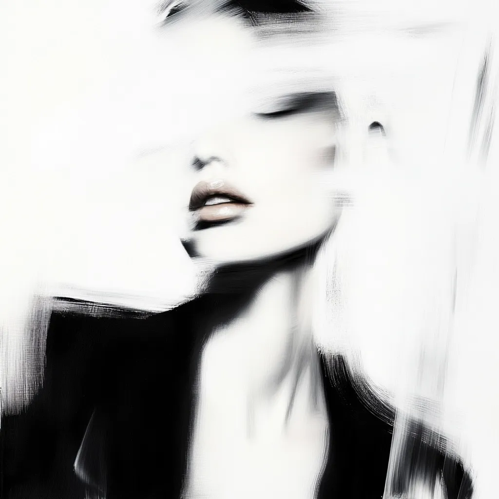 The image is an abstract portrait of a woman, rendered in shades of black and white.  Loose brushstrokes create a hazy effect, obscuring details of her face and hair, leaving only her lips and neck clearly defined.  The style is impressionistic, focusing on the feeling and form rather than precise representation.  The woman's eyes are closed, suggesting a serene or contemplative mood. The overall effect is elegant and minimalist.