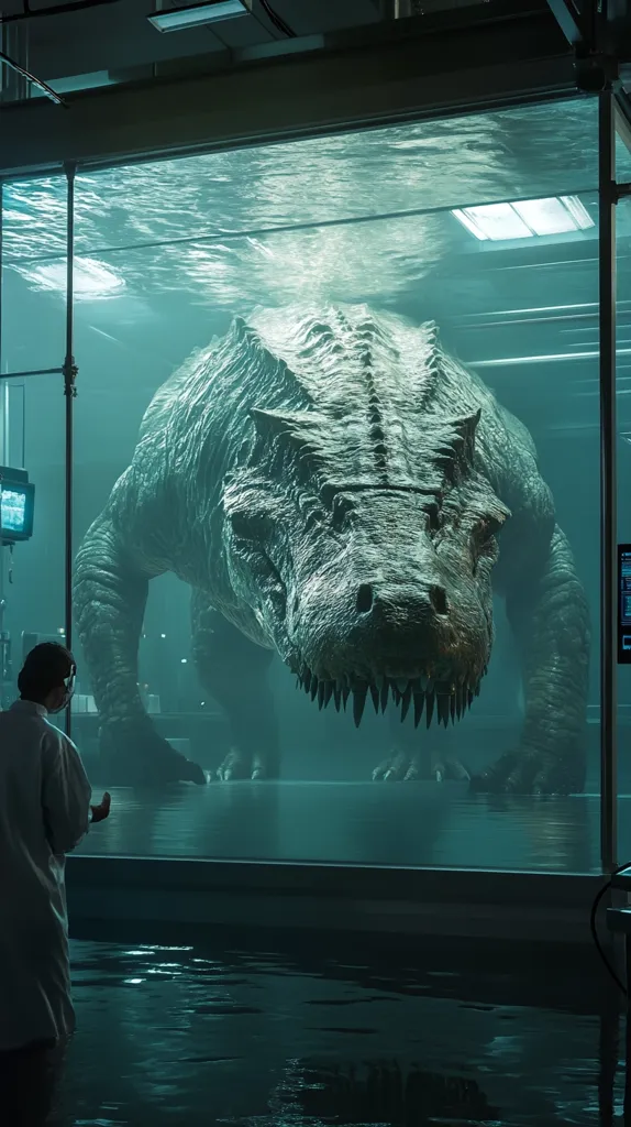 The image depicts a large, submerged Tyrannosaurus Rex in a massive aquarium. The dinosaur is viewed from the side, its head and upper body visible above the waterline. A person in a white lab coat stands outside the tank, observing the creature. The setting appears to be a scientific or research facility, with technological elements present. The overall mood is one of awe, apprehension, and the unsettling juxtaposition of prehistoric life in a modern setting. The water is murky and dimly lit, adding to the mysterious atmosphere.