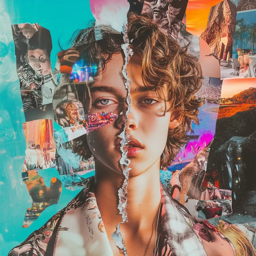 A striking digital collage features a young person's face, bisected by a jagged tear.  One half reveals a thoughtful expression, while the other half is partially obscured by vibrant, surreal imagery. The background explodes with a chaotic array of collaged images: landscapes, portraits, urban scenes, and abstract textures, all in a bold, saturated color palette. The overall effect is a blend of realism and fantasy, conveying a sense of fragmented identity or inner turmoil.
