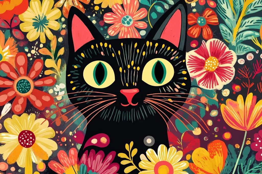 Here's a description of the image:

The illustration features a stylized black cat nestled amongst a vibrant profusion of flowers. The cat's face is prominent, showcasing large, expressive green eyes and a cheerful expression.  Its dark fur is detailed with small, textured strokes, contrasting with the bright, bold colors of the surrounding blooms.  The flowers exhibit a variety of shapes and colors, including reds, oranges, yellows, and pinks, creating a visually rich, almost psychedelic effect. The overall style is whimsical and playful, suggesting a cheerful, almost folk-art aesthetic.