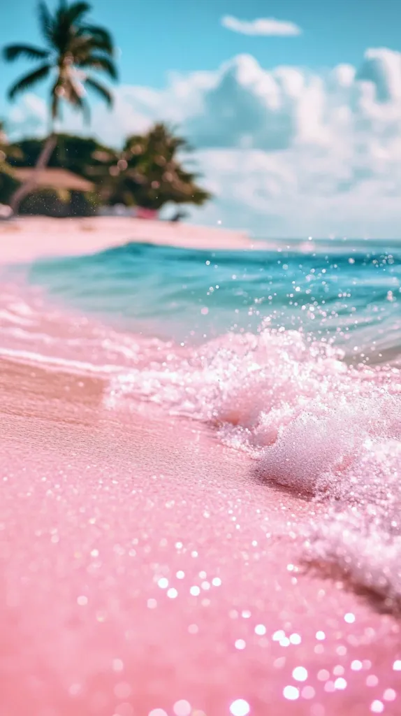A wave washes ashore on a pink sandy beach, the turquoise water sparkling.  Out of focus, palm trees and lush vegetation line the coast under a bright, partly cloudy sky. The soft, pastel colors and gentle wave create a serene and idyllic beach scene.  The focus is on the foamy wave crest as it breaks on the shimmering, rose-tinted sand.