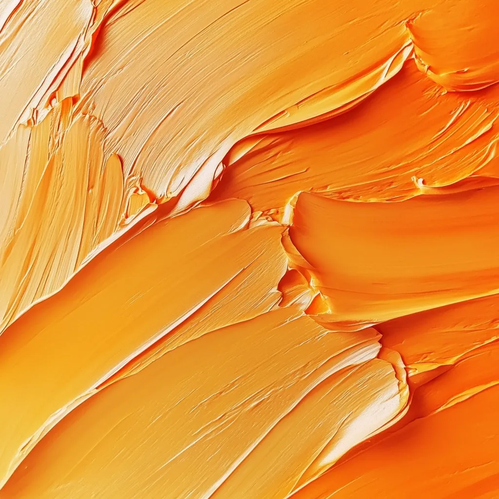 The image is an abstract close-up of a vibrant orange substance, possibly paint or a similar viscous material.  The texture is heavily emphasized, showcasing thick, impasto-style brushstrokes that create a dynamic, flowing pattern across the frame.  The color ranges from a deep, saturated orange to lighter, almost golden hues, depending on the light hitting the peaks and valleys of the paint. The overall effect is one of rich texture and intense color.