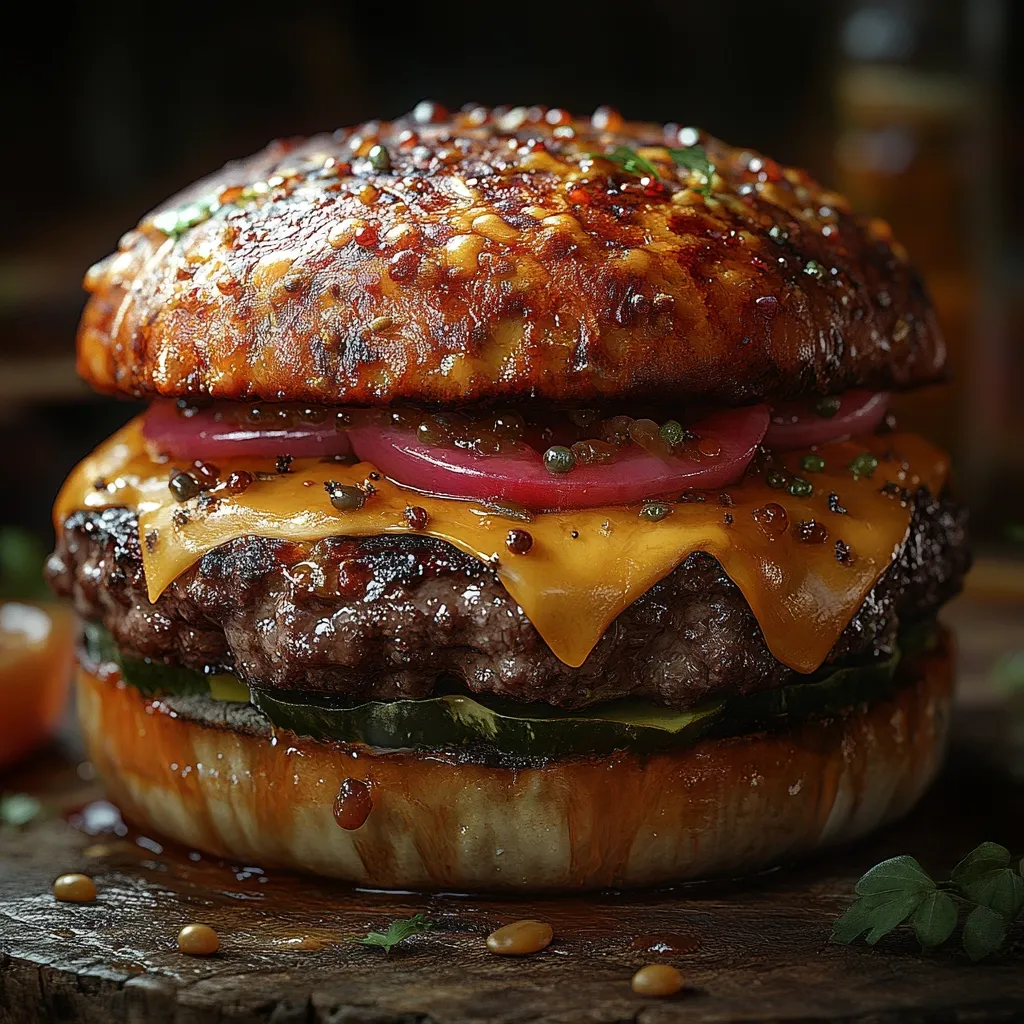 A close-up shot reveals a gourmet burger, its top bun glistening with a dark glaze and speckled with seasonings.  A juicy, charred patty oozes melted cheddar cheese.  Layers of caramelized onions and thinly sliced pickles are nestled between the buns, which are richly coated in sauce. The burger rests on a dark wooden surface, with scattered seasonings and a hint of greenery in the foreground, creating a visually appetizing composition.  The image emphasizes texture and detail, highlighting the burger's richness and appeal.