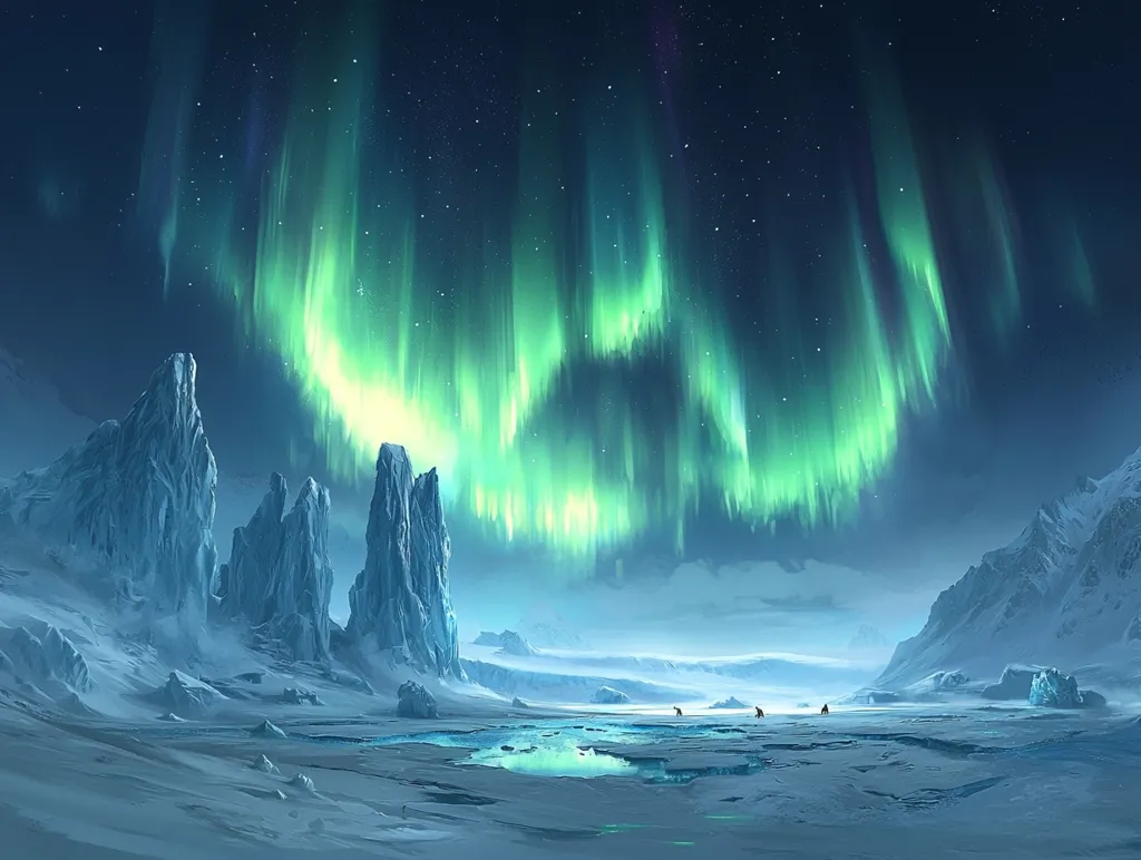 A breathtaking digital painting depicts a serene arctic landscape bathed in the ethereal glow of the aurora borealis.  Towering ice formations stand silhouetted against the vibrant green and yellow curtains of the northern lights, which arc across a star-studded night sky.  A frozen, flat expanse of land stretches towards the viewer, with a few small figures visible in the distance, adding a sense of scale and solitude to this otherworldly scene.  The overall palette is cool and calming, emphasizing the beauty and tranquility of the arctic wilderness.