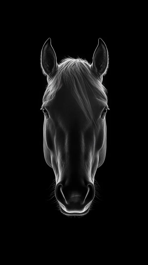 Here is a description of the image:

The image is a dramatic, close-up black and white portrait of a horse's head against a pure black background.  The lighting is subtly highlighted, emphasizing the horse's musculature and the texture of its coat. The horse gazes directly at the viewer, creating an intense and almost confrontational feeling. The image is sharp and detailed, particularly in the horse's eyes and facial features, while maintaining a slightly ethereal quality due to the high contrast. The overall effect is a powerful and emotive representation of equine beauty.