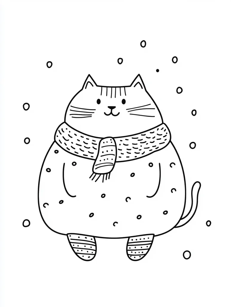 Here's a description of the image:

The image is a line drawing of a plump, cartoon cat standing in the snow.  The cat is wearing a knitted scarf and striped socks, adding to its cozy winter appearance.  Its expression is cheerful and simple. Small circles around the cat suggest snowflakes. The style is childlike and whimsical, suitable for coloring or a children's book illustration. The overall feeling is one of warmth and winter cheer.