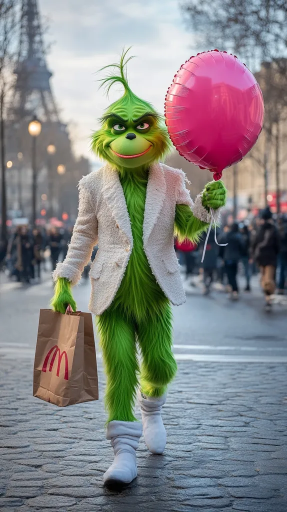 A whimsical image of the Grinch in a stylish white jacket, strolling down a Parisian street. He carries a McDonald's bag and a bright pink balloon, with the Eiffel Tower subtly visible in the background.  The contrast between the Grinch's typically villainous nature and his sophisticated attire and cheerful accessories creates a humorous and unexpected scene. The cobblestone street adds to the charming Parisian ambiance.