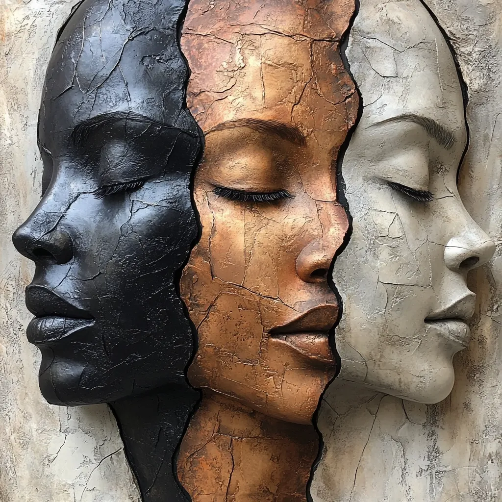 Here's a description of the image:

The artwork depicts a striking triptych of female faces, each rendered in a different tone and texture.  The left face is a deep, matte black, the center a rich, bronze-like copper, and the right a pale, textured grey. The faces are seamlessly joined, their profiles forming a unified whole, yet distinct in color and material.  Eyes are closed, suggesting serenity or contemplation. The cracked, aged appearance of the surfaces adds to the piece's depth and emotional weight, possibly conveying themes of unity, diversity, or the passage of time.  The overall effect is one of both beauty and powerful symbolism.
