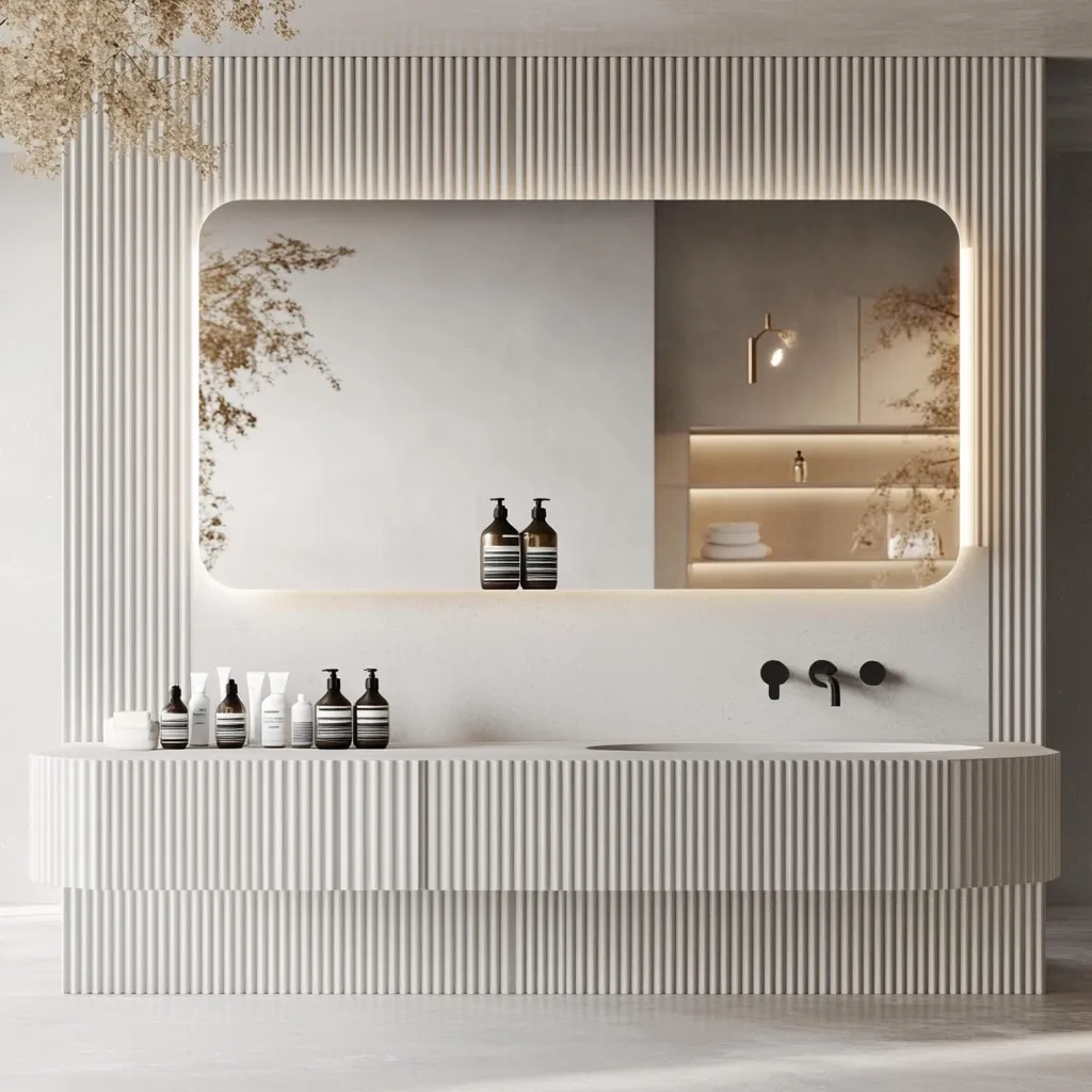 A minimalist bathroom vanity features a fluted white countertop and sink, complemented by a curved, illuminated mirror reflecting a similarly styled space.  Black faucets and a selection of minimalist toiletries add subtle contrast. The wall behind is adorned with vertical grooved paneling, extending the clean, modern aesthetic.  The overall design is serene and sophisticated.