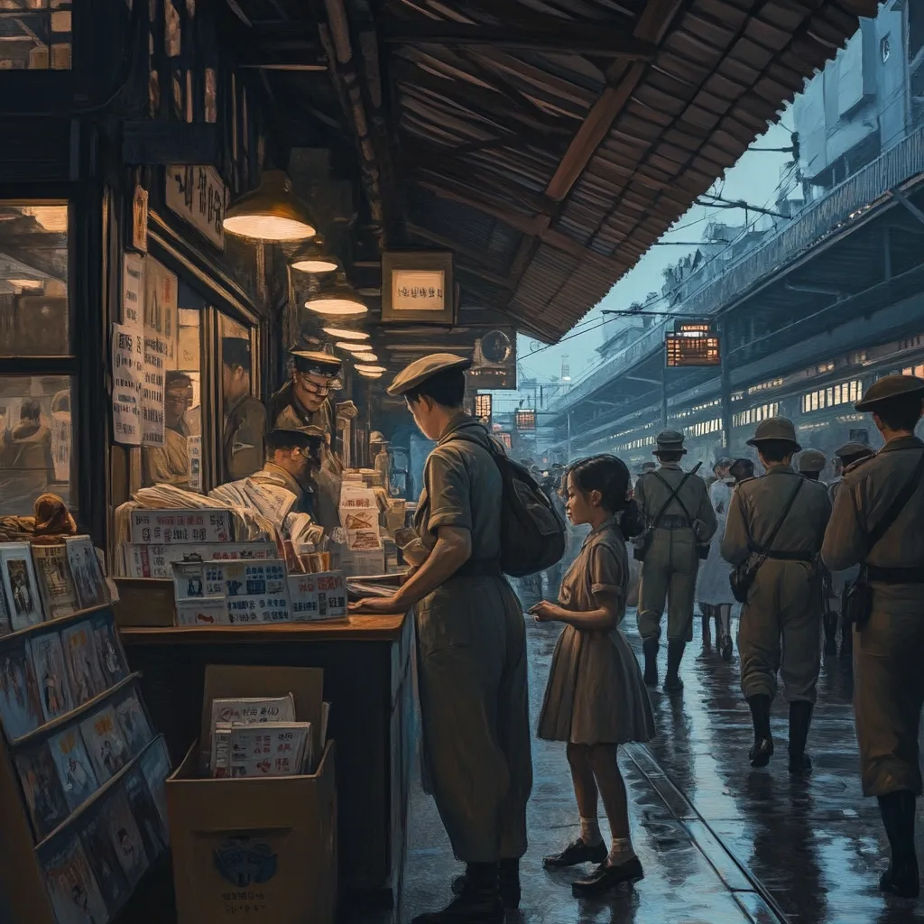 The painting depicts a bustling, rain-slicked street scene in what appears to be a 1940s-era Asian city.  Under a covered walkway, a newsstand is crowded with people, including uniformed soldiers and civilians. A young girl stands observing, while a man in a similar uniform purchases something.  The background reveals a train station and further city structures, emphasizing the overall atmosphere of a busy transportation hub, likely in a post-war setting. The mood is somber, yet atmospheric, with subdued lighting accentuating the rain-washed streets.
