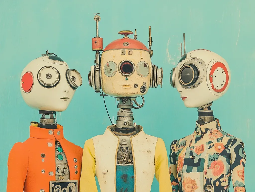 Three stylized robots stand against a pale teal background.  The central robot is taller, with a cream-colored body, red accents, and visible mechanical parts.  Flanking it are two shorter robots, one in a vibrant orange jacket and the other in a multicolored floral-patterned garment.  All three possess large, expressive eyes and circular details, suggesting a whimsical, retro-futuristic aesthetic. The image is clean, crisp and exhibits a unique blend of vintage and technological elements.