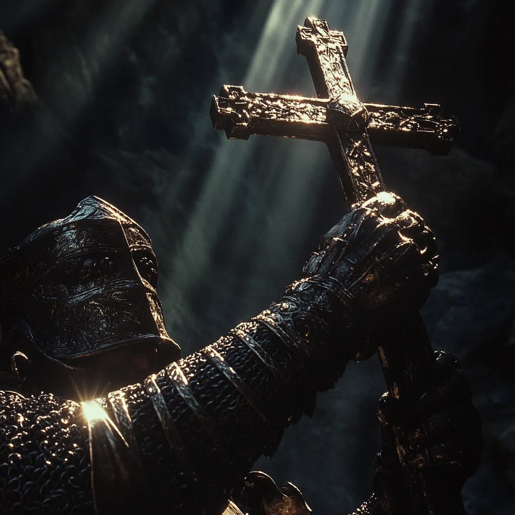 A knight, clad in dark, intricately detailed armor, holds aloft a large, ornate cross.  The scene is shrouded in shadow, with shafts of light illuminating the knight and the cross.  The armor’s texture is rough and metallic, contrasting with the cross's seemingly aged, stone-like quality.  The overall mood is somber and reverent, suggesting a moment of intense faith or devotion in a dark, possibly dangerous environment. The image evokes a sense of medieval religious iconography.