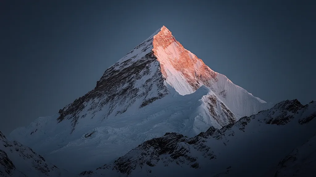 A majestic, snow-capped mountain peak dominates the image, its sharp, pyramidal form rising against a twilight sky.  The summit is bathed in a warm, golden light, a stark contrast to the cool blues and grays of the surrounding landscape.  The mountain's lower slopes are shrouded in shadow, emphasizing the height and imposing grandeur of the peak.  The scene evokes a sense of awe and the untamed beauty of a high-altitude environment.